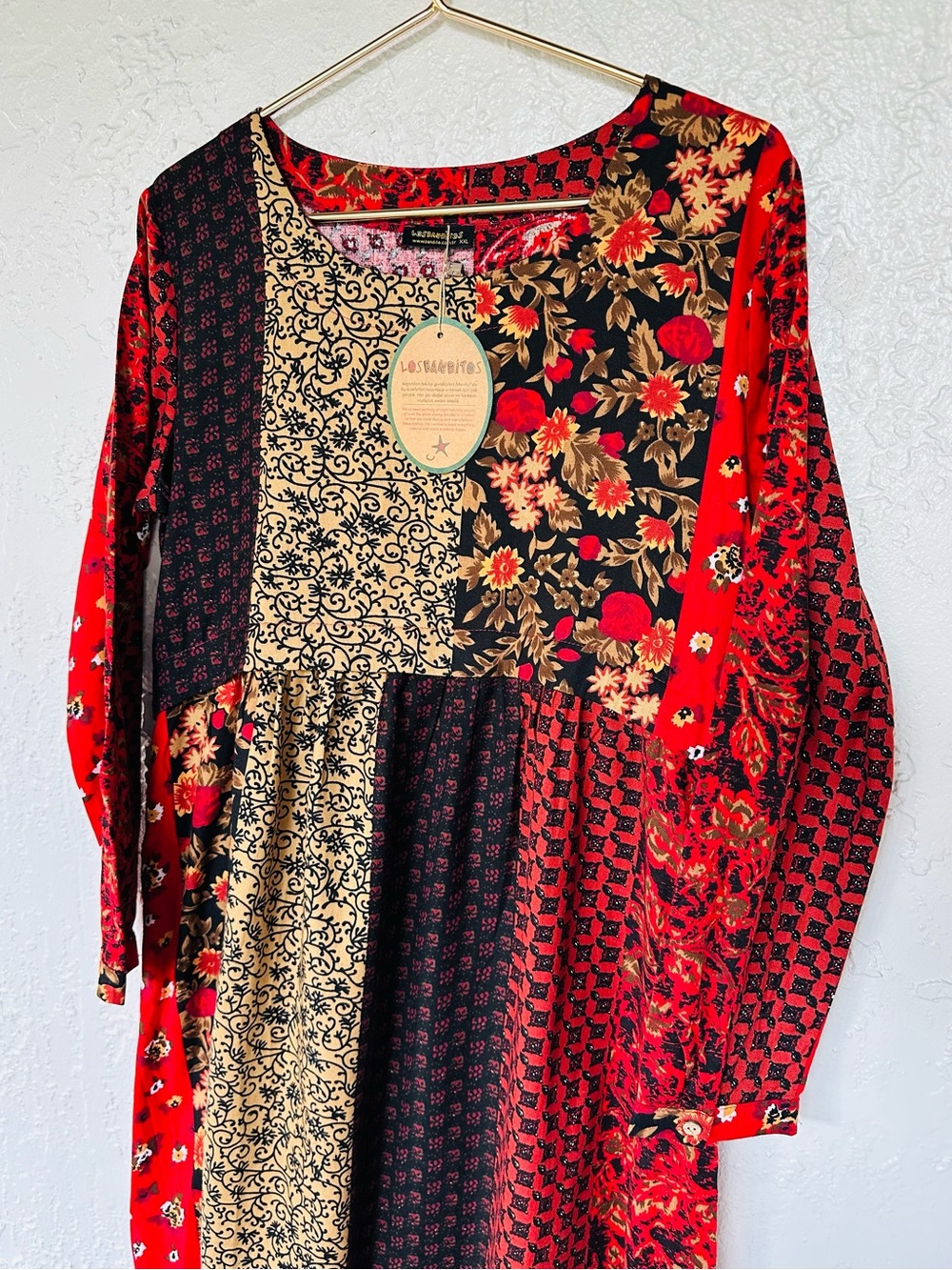 New Los Banditos Patchwork Boho Cotton Midi Dress Red Floral Long Sleeve - Picture 8 of 11